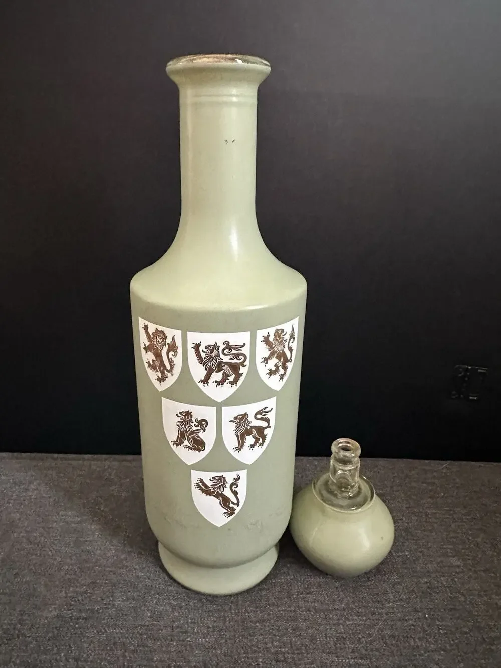 Vintage Old Fitzgerald Stitzel Weller Green Glass Bourbon Decanter Lion Crests